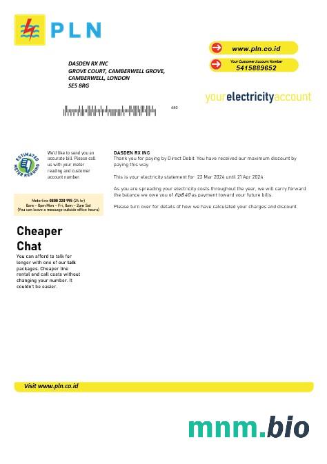 Indonezja PLN szablon rachunku za energię elektryczną w formatach Word i PDF